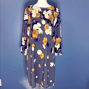Ann Taylor charcoal grey & yellow floral dress,  3/4 sleeves w elastic cuff